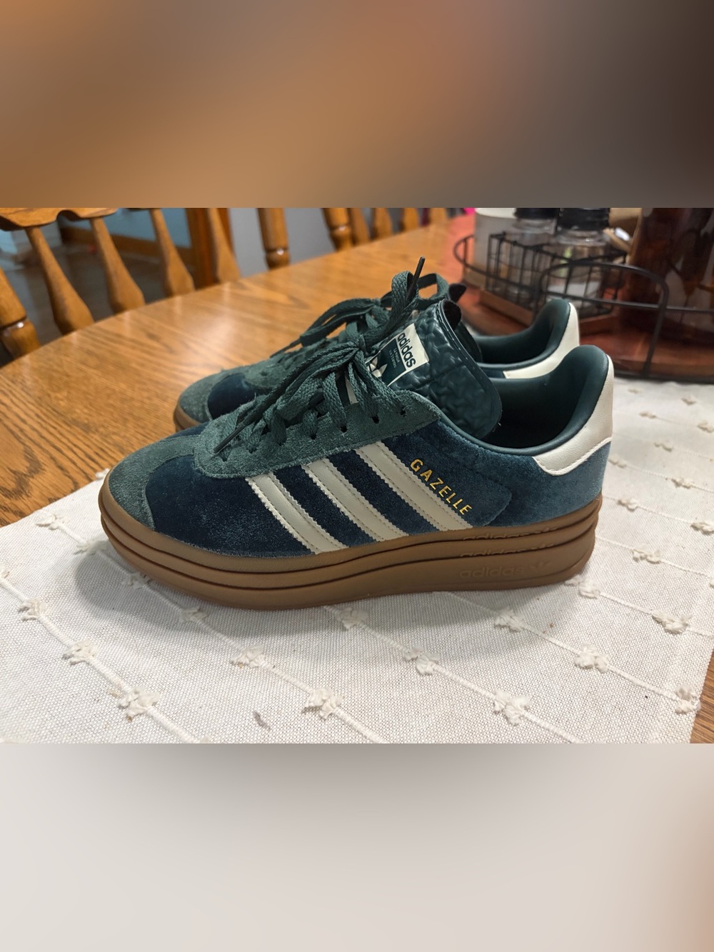 adidas Gazelle Bold Suede Sneakers — Dark Green, White, Gum